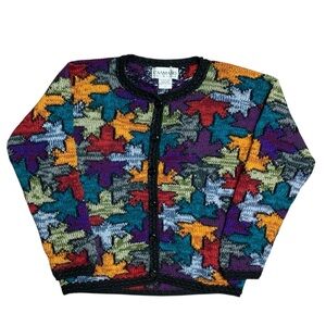 VTG 90s Alpaca Knit Sweater Cardigan Multicolor Foliage Leaf Boho Whimsigoth